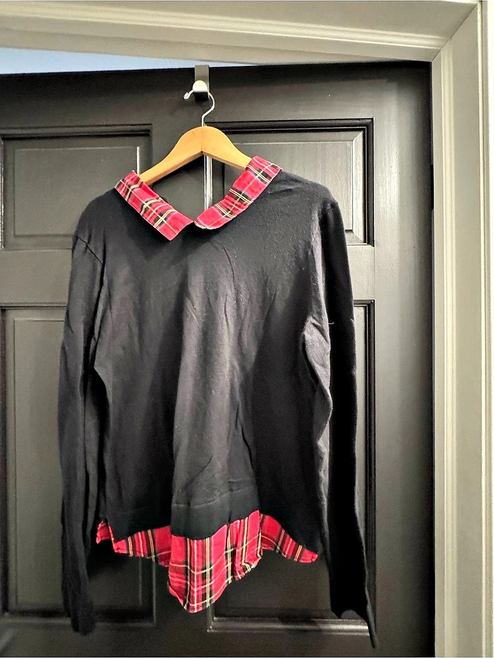J.Crew Plaid Woven-Collar Sweater Black & Red Size XL